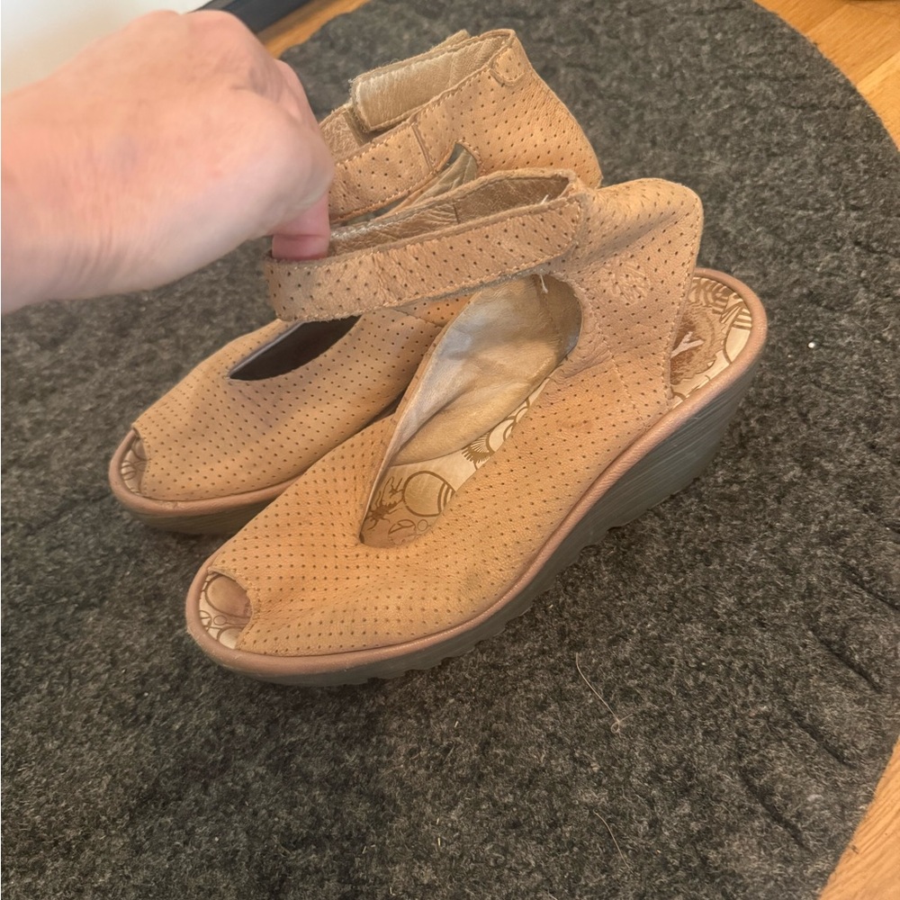 Fly London Beige Wedge Sandals